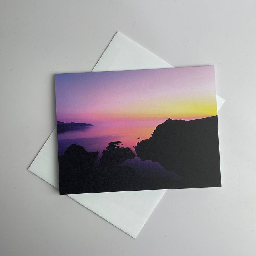 Abereiddi Bay pink sunset silhouette Greetings Card