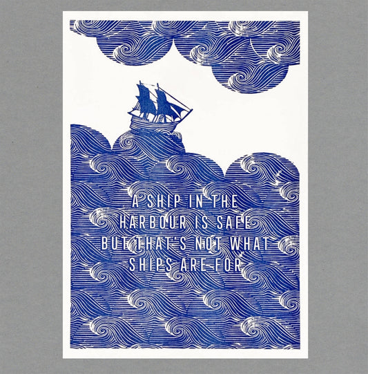 Ship in the Harbour Risograph Print. A3. Eco Friendly: With cello