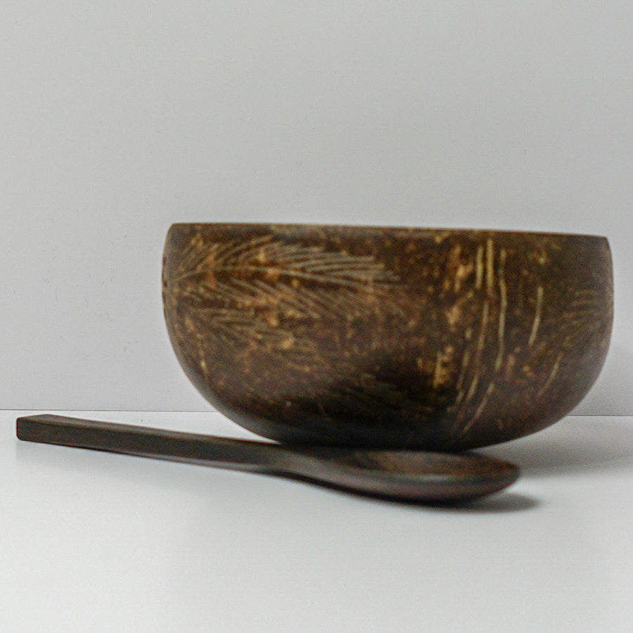 Coconut Bowl Set with Handmade Wooden Spoon | Leaf Pattern