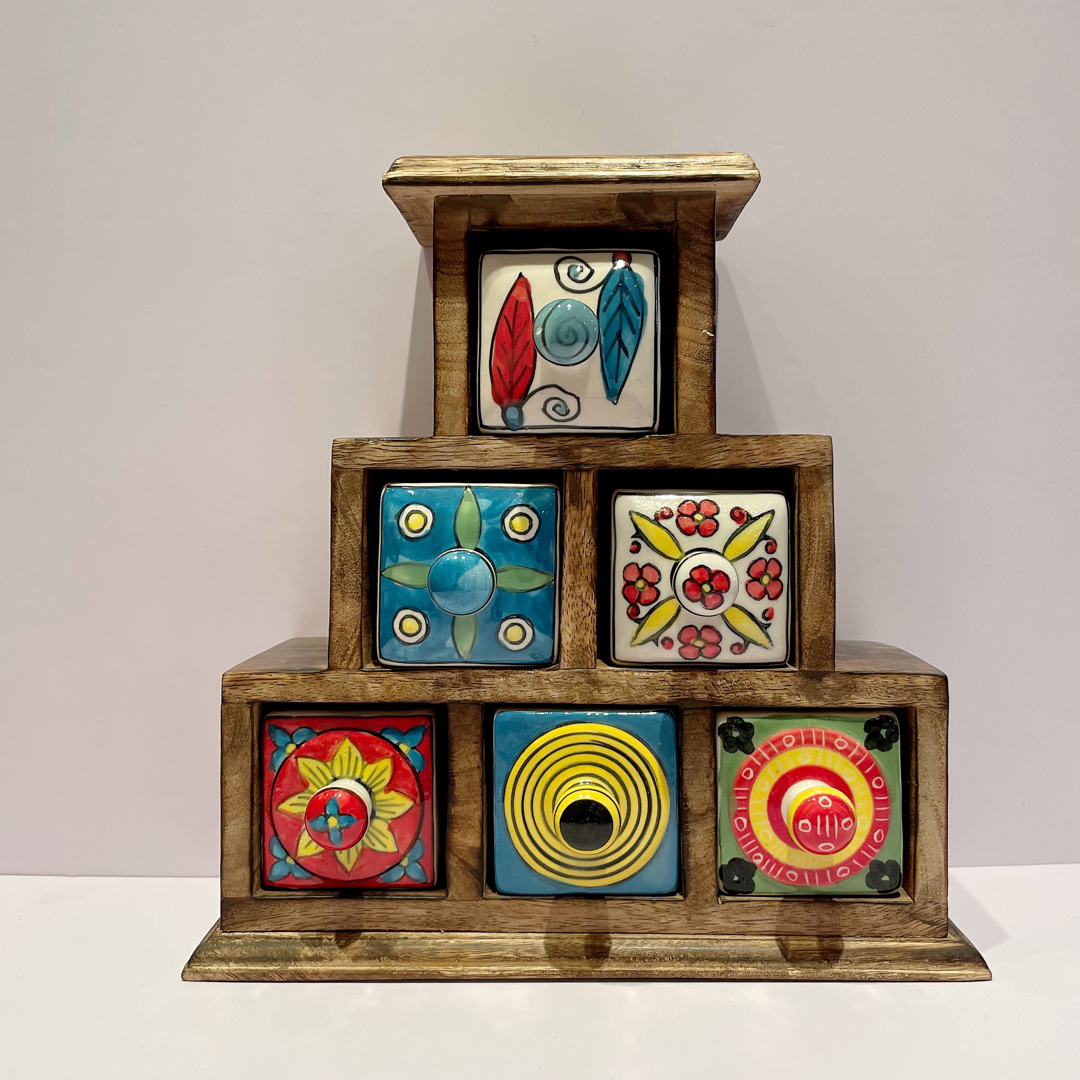 Mango Wood And Ceramic Set Of Drawers - Jewellery Box | 6 Drawer-Multicolour Pyramid