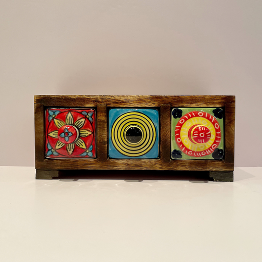 Mango Wood And Ceramic Set Of Drawers - Jewellery Box | 3 Drawer-Multicolour